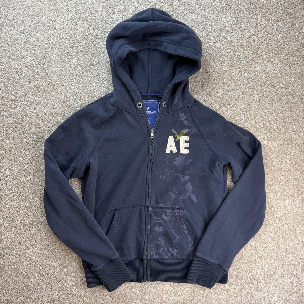 Y2K American Eagle Outfitters Hoodie Womens Large Blue Fleece Full Zip AE Logo